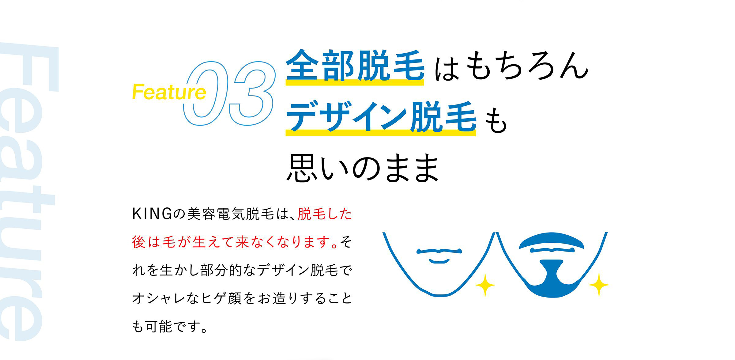 Feature03：全部脱毛はもちろんデザイン脱毛も思いのまま キングの美容電気脱毛は、脱毛した後は毛が生えて来なくなります。それを生かし部分的なデザイン脱毛でオシャレなヒゲ顔をお造りすることも可能です。