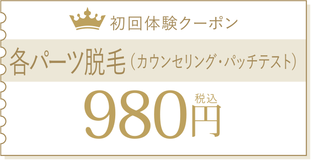 各パーツ脱毛（カウンセリング・パッチテスト）980円